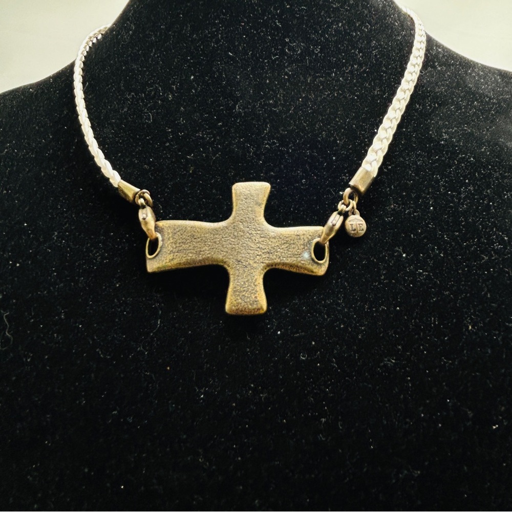 Lenny And Eva, L.E., Brass Byzantine Cross Necklace Braided White Leather